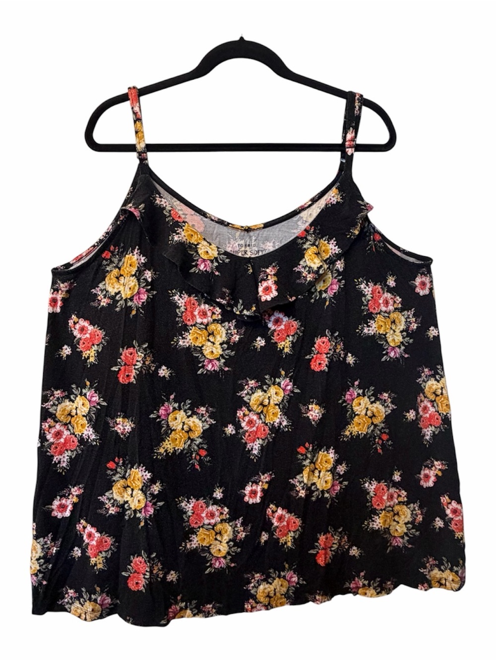 Torrid 4X Black Ruffle Front Cami with Yellow & Coral Flowers